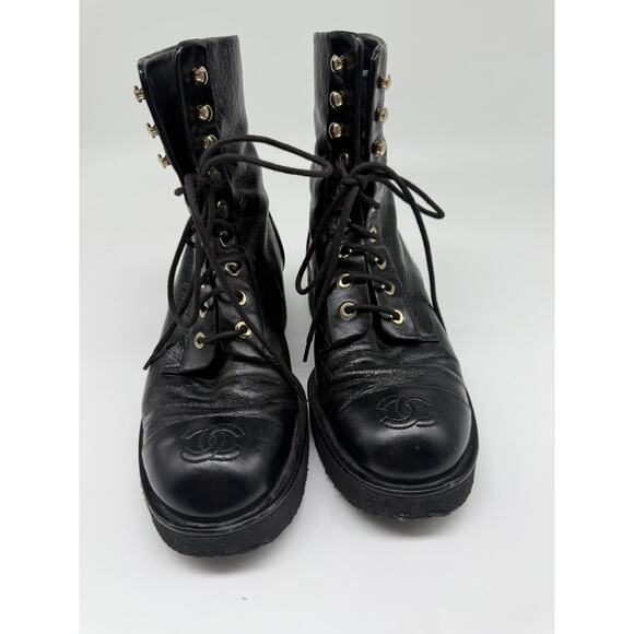 Chanel Leather Interlocking CC Logo Lace Up Combat Boots Black Women's Size 37 - Picture 2 of 10